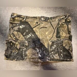 (B2) French Kiss Green Brown Camo Denim Cargo Mini‎ Skort Skirt L